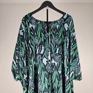 Ellos Womens Plus Size 30/32 3X Green Leaf Print  Front Maxii Dress Casual Flowy